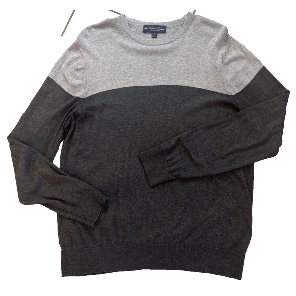 VTG Brooks Brothers Men M Silk Cotton Blend Gray Colorblock Crewneck Sweater EUC